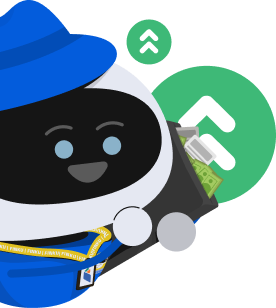 Cartoon character wearing a blue hat and hoodie, smiling and holding a wallet with cash and cards.