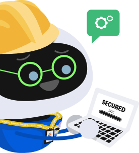 Robot wearing a yellow construction helmet and green glasses holding a laptop.