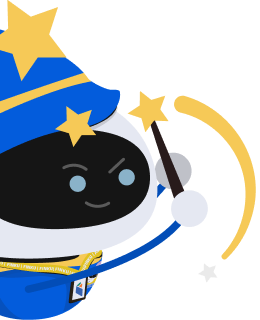 Cartoon robot wearing a blue wizard hat and outfit, holding a magic wand.
