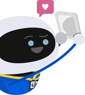 Cartoon robot character holding up a tablet with a heart speech bubble.