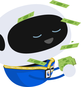Cartoon character holding a fan of money bills.
