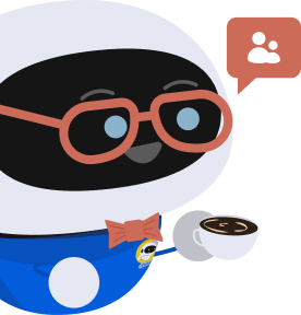 Friendly robot wearing red glasses and a red bow tie, holding a cup of coffee.